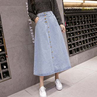 New Style Denim Big Hem Skirt Mid length Fashion Buttoned Denim Skirt