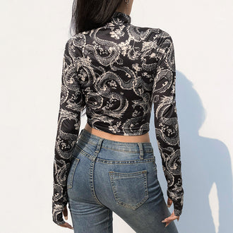Print Anime Shirt Female Turtleneck Long Sleeve Woman Cropped Tshirts Vintage