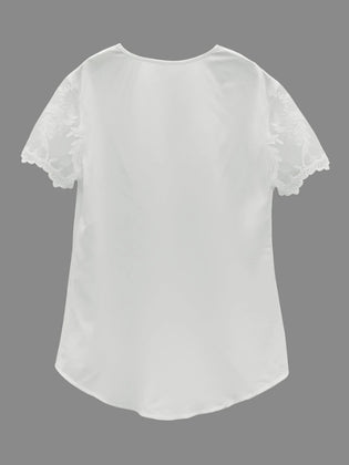 Contrast Lace Tucked Blouse, Casual V Neck Short Sleeve Blouse