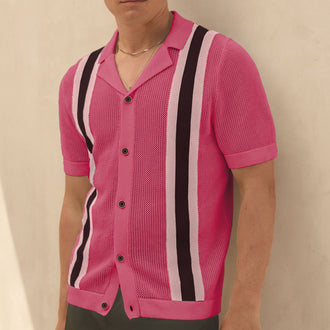 Men's Fashion Cuban Collar Short Sleeve Knitted Cardigan