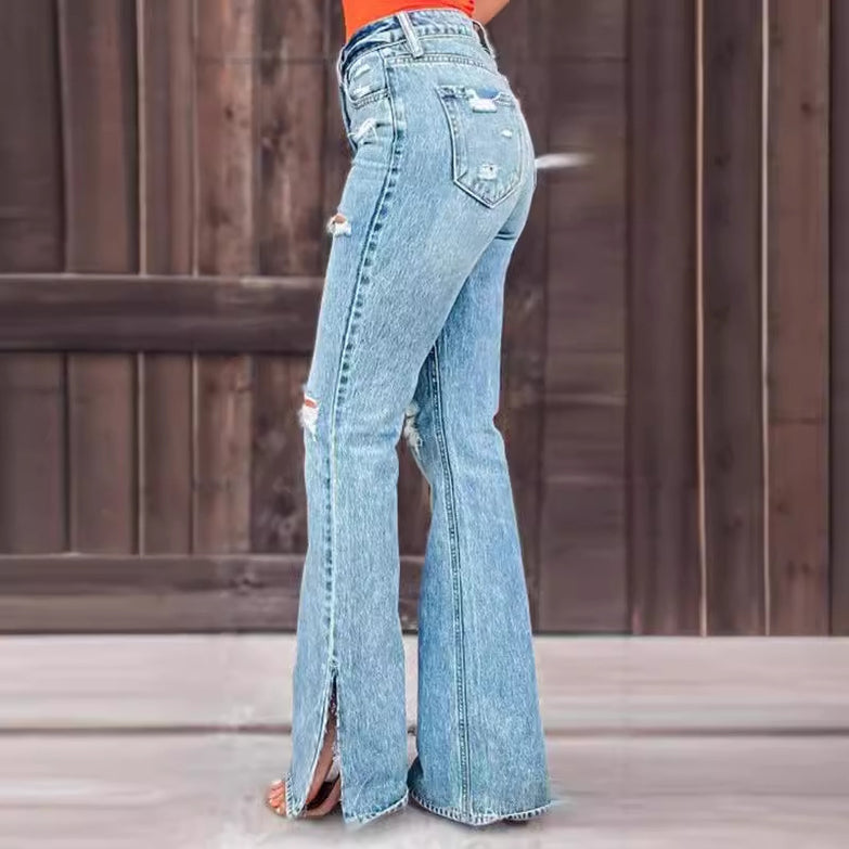 Ladies Jeans High Waist Ripped Slightly Stretch Split Trousers