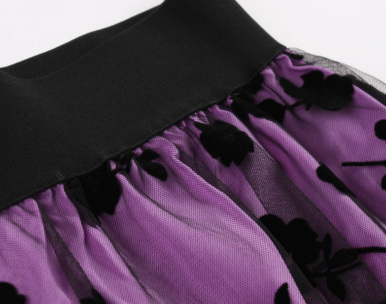 Mesh Double Layer Flock Printing Big Hem Skirt