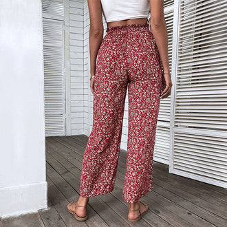 Retro Red For Women Pants Rayon High Waist Cropped Wide-leg Pants