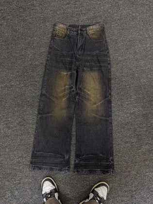 Niche Retro Washed Straight Deconstructed Jeans