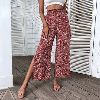 Retro Red For Women Pants Rayon High Waist Cropped Wide-leg Pants