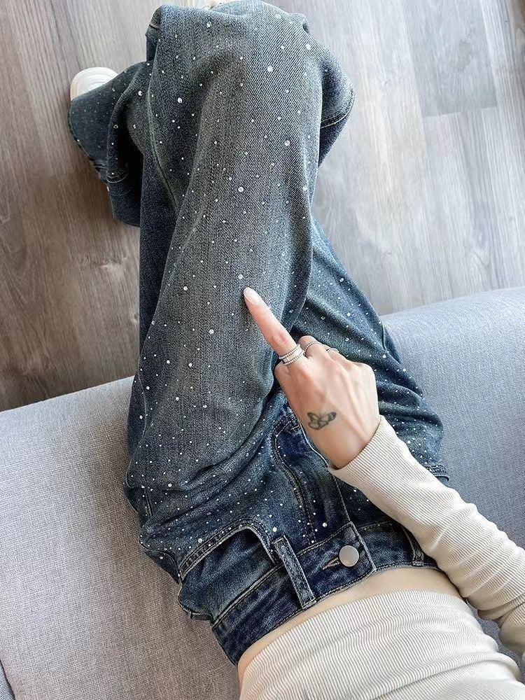 Korean Style Rhinestone High Waist Narrow Wide Leg Jeans
