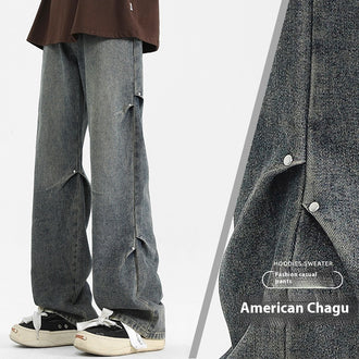 Denim High Street Pu Shuai Retro Straight Loose Trousers