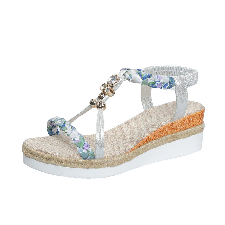 Round Toe Flat Bottom Wedge Sandals For Women Woven Beads