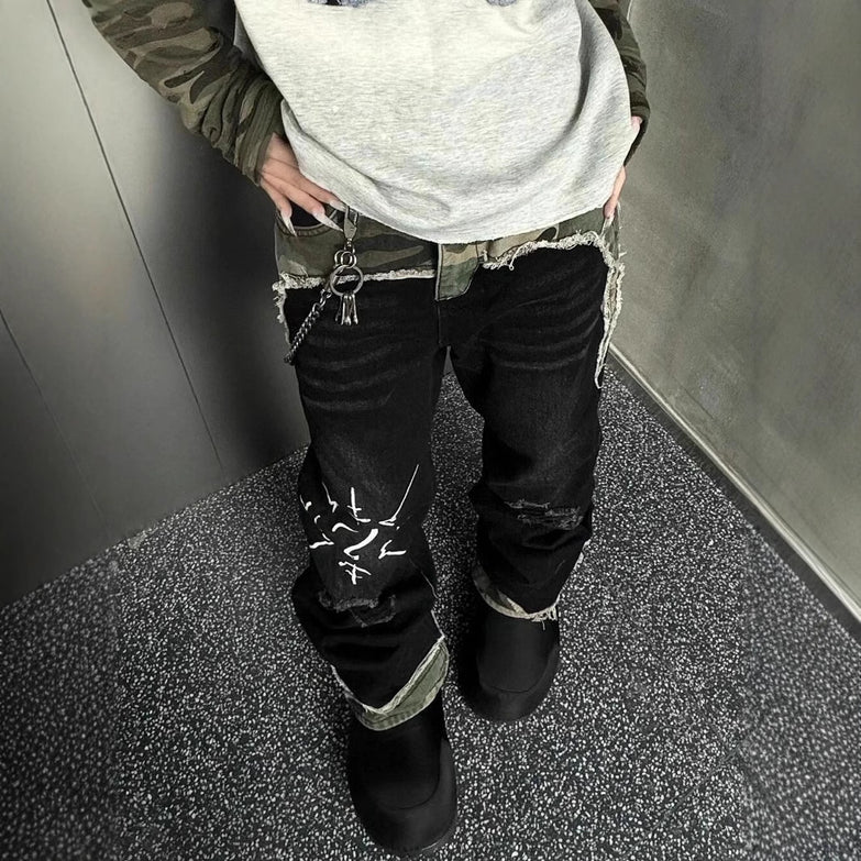American Street Retro Camouflage Stitching Jeans