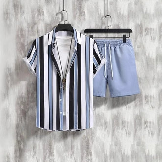 Striped Contrast Color 3D Printing Vacation Shirt Shorts 2 Pieces Suit