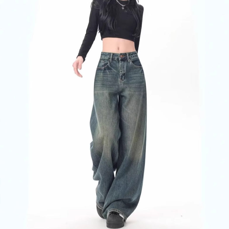 High Waist Drooping Versatile Mop Pants Wide Leg Jeans