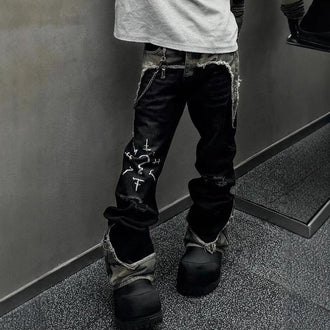 American Street Retro Camouflage Stitching Jeans