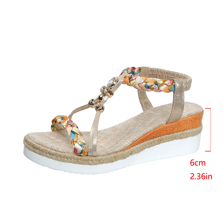 Round Toe Flat Bottom Wedge Sandals For Women Woven Beads