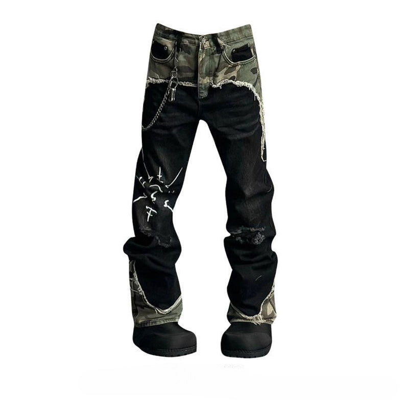 American Street Retro Camouflage Stitching Jeans