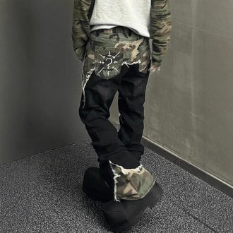 American Street Retro Camouflage Stitching Jeans