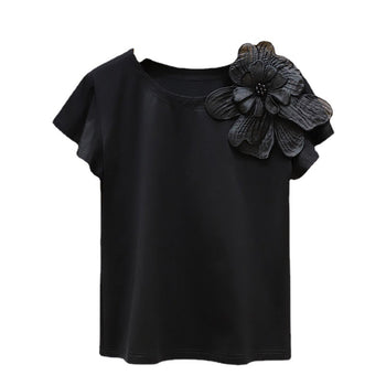 Round Neck Three-dimensional Flower Decoration Fashion Ruffle Sleeve Loose Slim Top