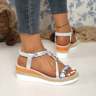 Round Toe Flat Bottom Wedge Sandals For Women Woven Beads
