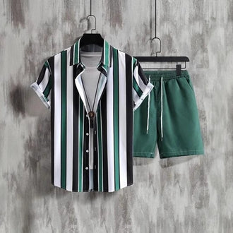 Striped Contrast Color 3D Printing Vacation Shirt Shorts 2 Pieces Suit