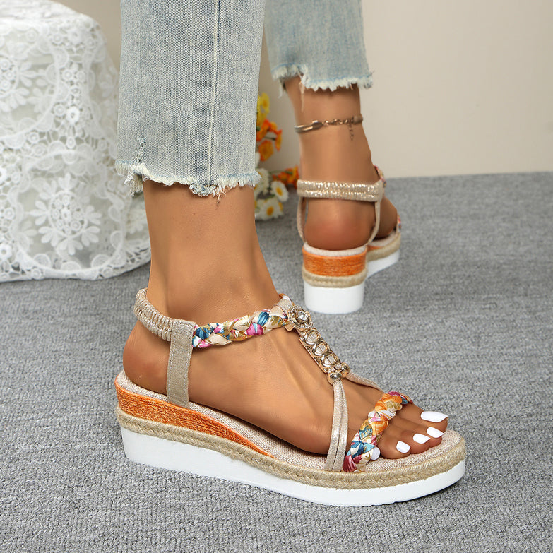 Round Toe Flat Bottom Wedge Sandals For Women Woven Beads