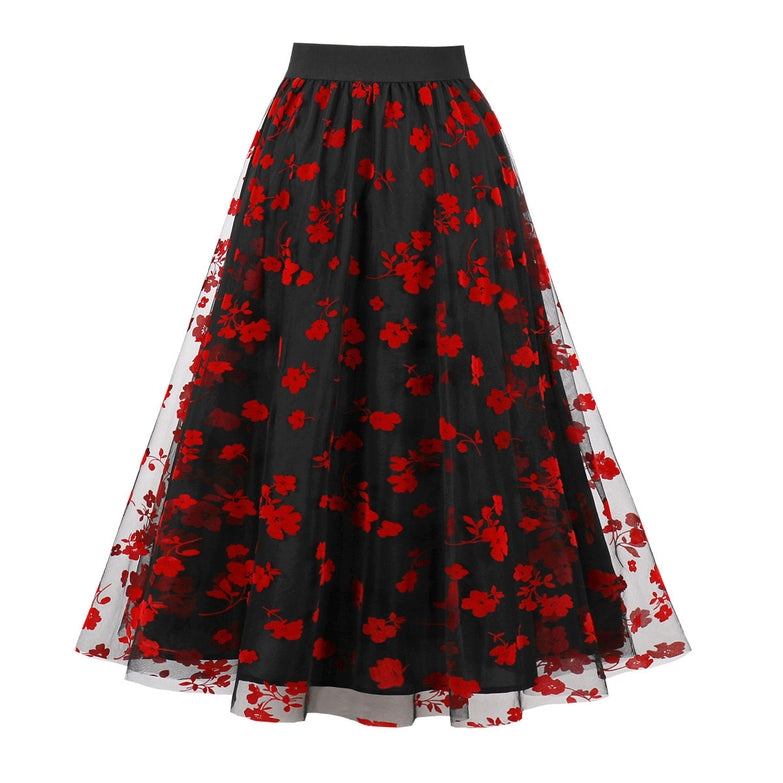 Mesh Double Layer Flock Printing Big Hem Skirt