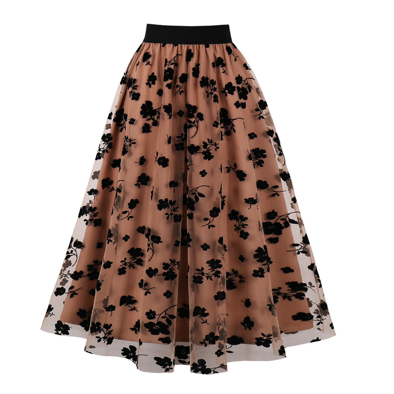 Mesh Double Layer Flock Printing Big Hem Skirt