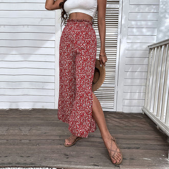 Retro Red For Women Pants Rayon High Waist Cropped Wide-leg Pants