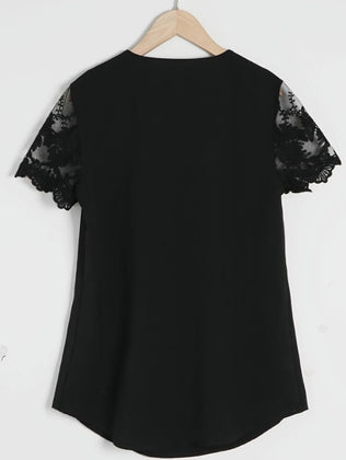 Contrast Lace Tucked Blouse, Casual V Neck Short Sleeve Blouse